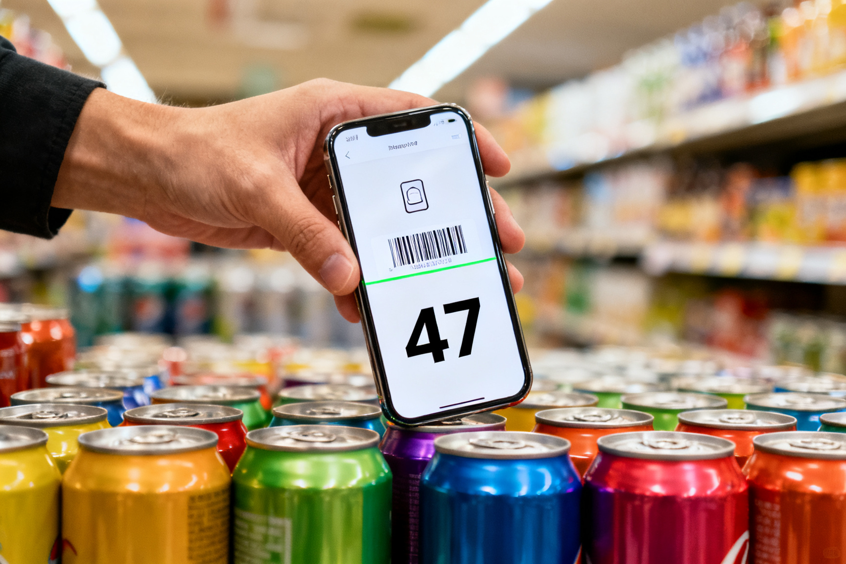 超市货架前，一只手握着 iPhone 扫描罐装饮料上的条码，屏幕显示已计数 12 件