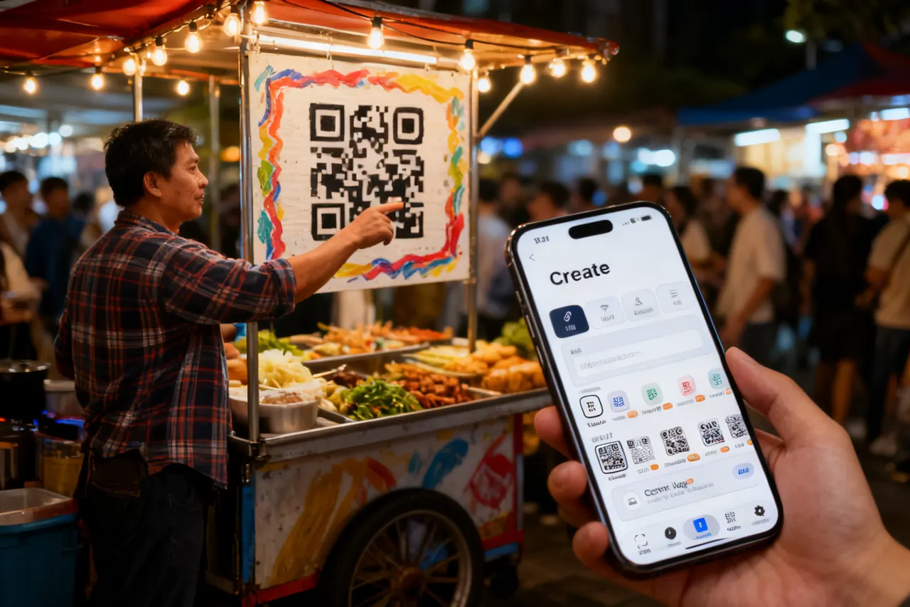 At a night-market food stall, a customer scans a hand-framed QR code on the cart to pay.