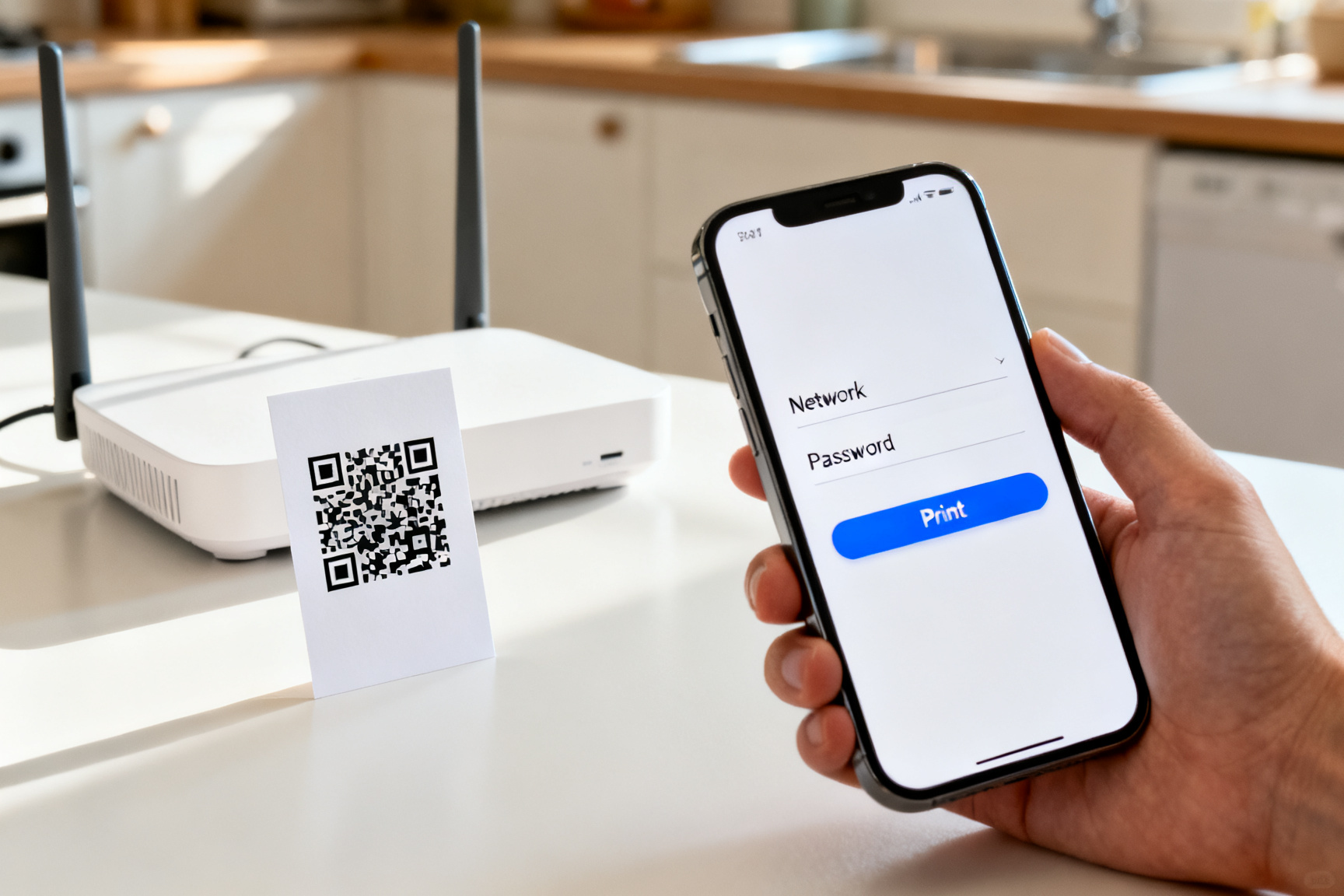 厨房台面上立着一张印有 Wi-Fi 二维码的卡片